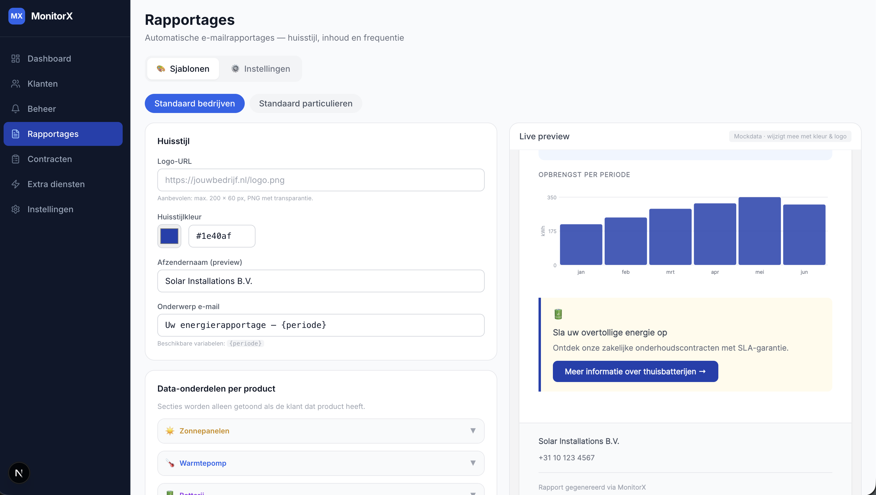 MonitorX rapportage-editor met live preview